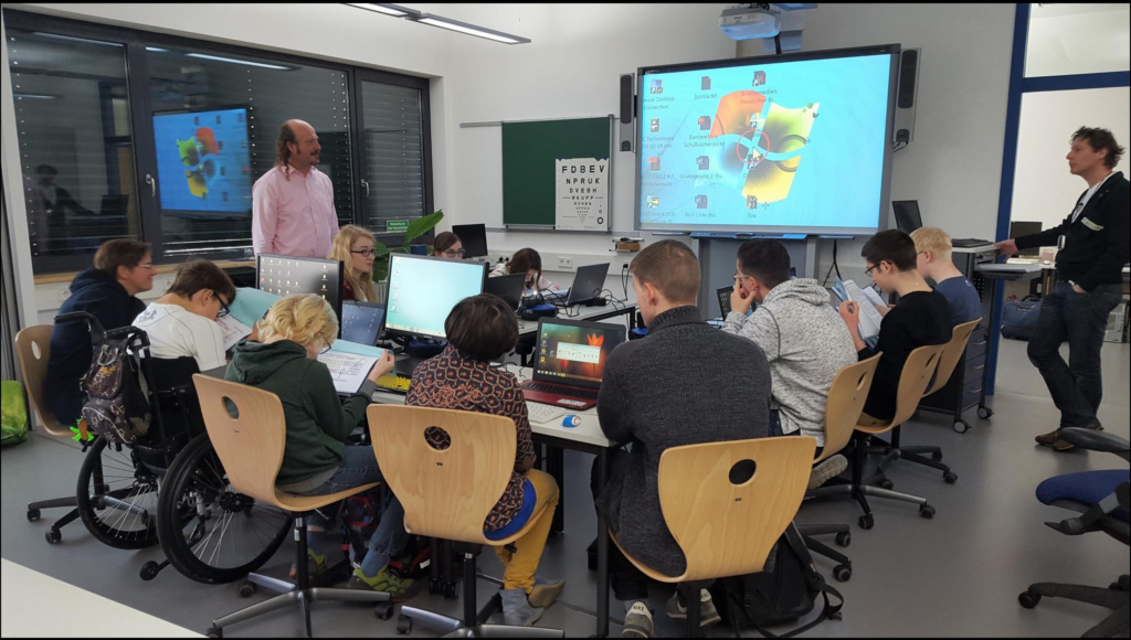 Schülergruppe am Smartboard
