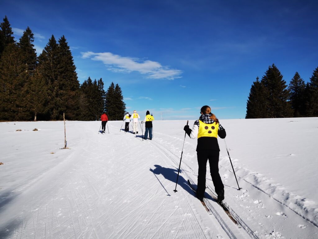 Foto vom Kurs 2025, vier SkifahrerInnen in der Loipe